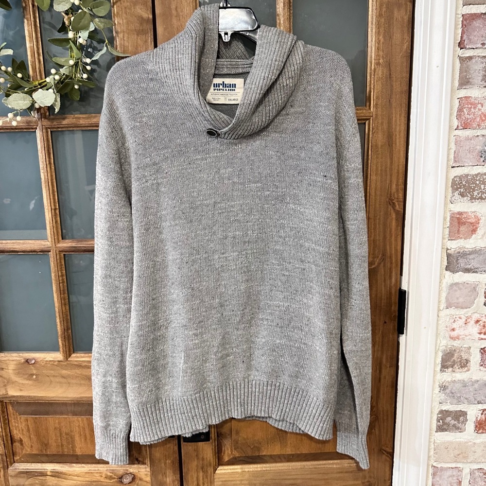 Urban‎ Pipeline Sweater Men Gray Shawl Collar Button Knit Pullover Classic XXL